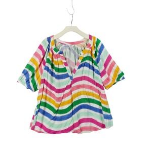 Crown & Ivy Rainbow Striped Smocked Top V-Neck‎ Short Sleeve Colorful Womens 2X